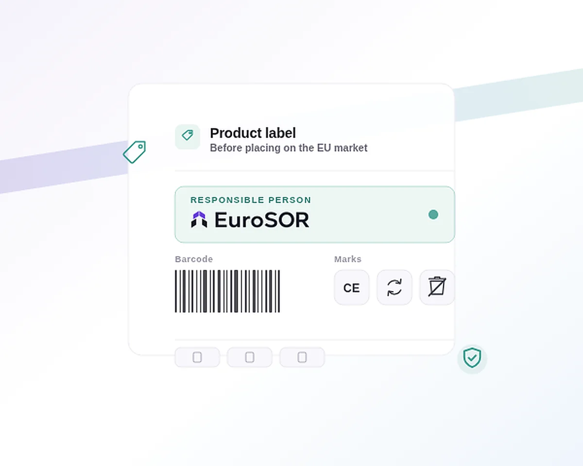 Product label with EuroSOR shown as the EU Responsible Person alongside CE and recycling marks